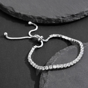 Simple 925 Sterling Silver Tennis Bracelet For Women Sparkling Rhinestone Inlaid Adjustable Slider Box Chain Hand Jewelry