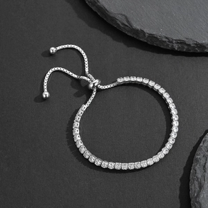 Adjustable S925 sterling silver tennis bracelet with round-cut cubic zirconia crystals
