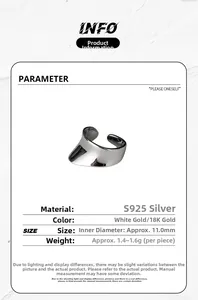 Macro detail of S925 sterling silver geometric ear cuff showing dimensions and specs