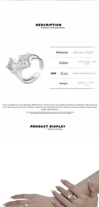 Macro shot of S925 sterling silver ring with princess cut stones and size chart info