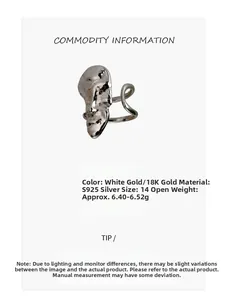 S925 sterling silver open ring detailing product specs with abstract face design