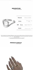 Detailed specs of S925 sterling silver irregular ring with white gold and 18K gold options