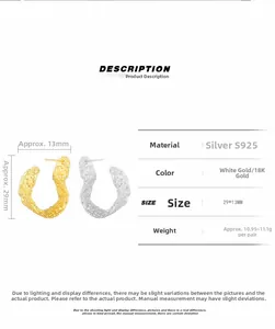 Detailed size and specs for S925 sterling silver wrinkled texture C-shaped earrings