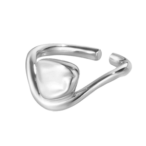 Minimalist S925 sterling silver open ring with organic liquid metal texture on white background