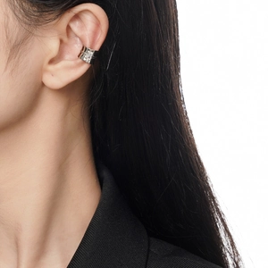 Minimalist S925 sterling silver ear cuff with square zircon stone on model ear