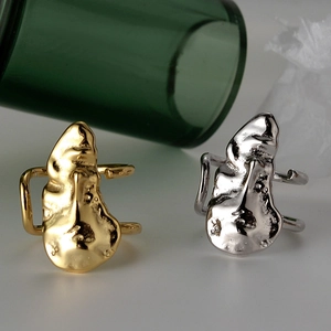 925 Sterling Silver Abstract Face Open Ring For Women Minimalist Irregular Fluid Metal Texture Adjustable Finger Ring