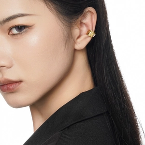 Minimalist double-layer S925 silver ear cuff with square zircon on female model