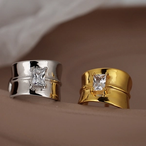 Retro luxury S925 silver and gold textured open rings with rectangular zircon stones