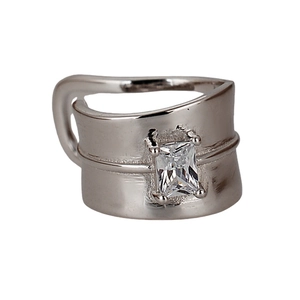 S925 sterling silver wide band ring featuring a rectangular zircon and hollowed geometric lines