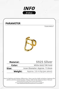 Detail of minimalist gold-plated S925 silver ear cuff showing 11mm inner diameter