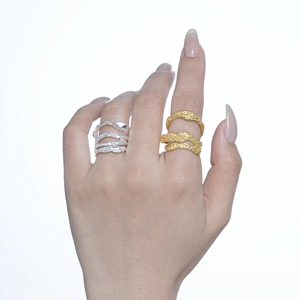 Exaggerated S925 sterling silver hollow textured open rings in gold and silver finish