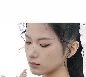 Close-up of model face with natural freckle makeup for jewelry lifestyle photography