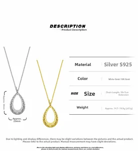 Détail macro du pendentif goutte en argent 925 avec texture froissée et dimensions précises