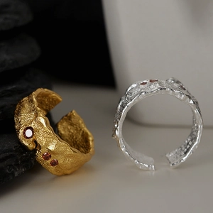 S925 Sterling Silver Ring For Women Vintage Lava Texture Rhinestone Inlaid Open Adjustable Index Finger Niche Design Ring