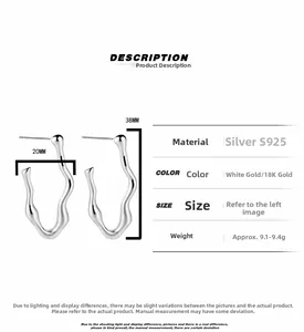 Detail showing 38x20mm dimensions of these S925 sterling silver irregular wave earrings