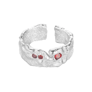 S925 sterling silver open ring with textured surface and three red zircon stones