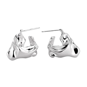 Minimalist irregular fluid lava textured silver stud earrings on a clean white background