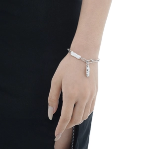 S925 sterling silver chain bracelet with baroque pearl and lava textured pendant
