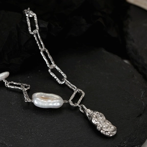 Baroque pearl necklace with textured silver irregular links and lava pendant for women