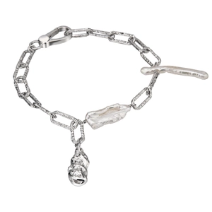Handmade S925 sterling silver bracelet with baroque pearls and irregular metal pendant