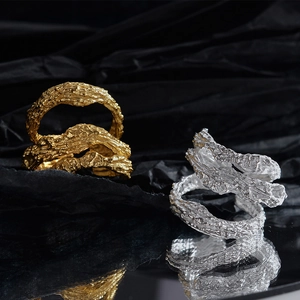 Artistic S925 sterling silver open rings with irregular molten lava texture in gold and silver
