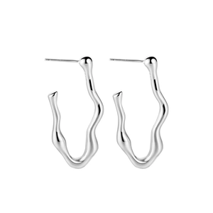 Modern S925 sterling silver long earrings with irregular liquid metal wave design
