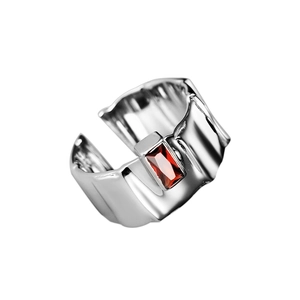 Irregular S925 sterling silver open ring with red rectangular zircon in wrinkled design