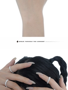 Detail showing S925 sterling silver rings with irregular rock texture on fingers