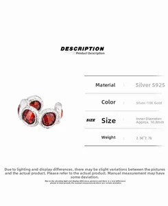 Detailed macro view of S925 sterling silver ear cuff with matte texture and red zircon stones