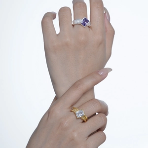 Minimalist S925 silver and gold rings with rectangular gemstones and lava texture