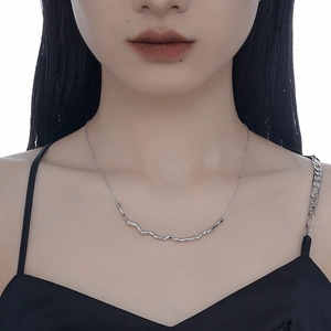 S925 sterling silver minimalist necklace with irregular liquid metal wave pendant