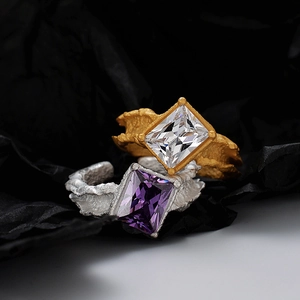 S925 sterling silver rings with rectangular gemstones and unique lava texture finish