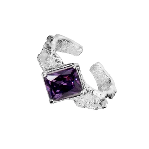 S925 sterling silver open ring featuring a purple gemstone and unique lava texture