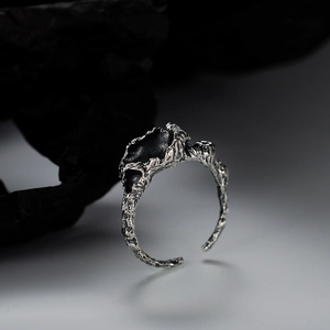 Bague Ouverte en Argent Sterling S925 Vintage Texture Lave pour Femme Pierre Volcanique Ajustable Bijoux Style Industriel