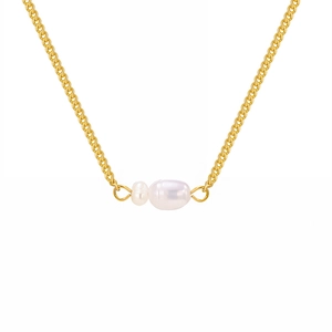 Elegant gold Cuban chain necklace with double white freshwater pearl pendants for women