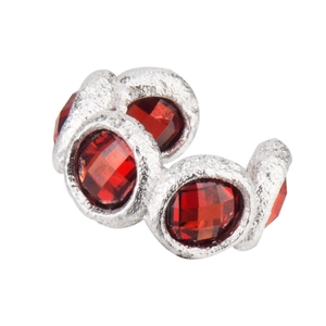 S925 sterling silver ear cuff featuring textured metal and large red cubic zirconia stones