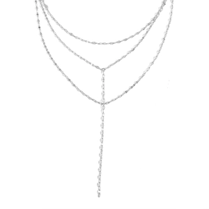 Detailed close-up of a silver multi-layer Y-shaped necklace with small round disc chains