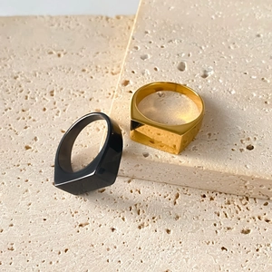 Men's minimalist square signet rings in polished gold and matte black finish set