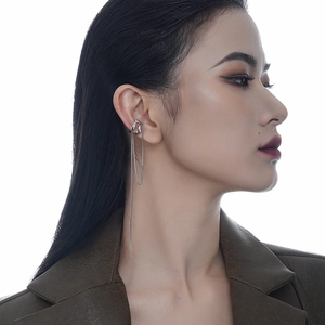 S925 Sterling silver tassel ear cuff featuring double layer hollow design and long chain