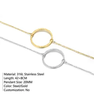 Minimalist hammer texture round pendant necklace in gold and silver 316L stainless steel