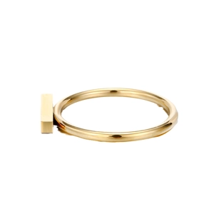 Minimalist polished gold stainless steel ring featuring a vertical bar design on white background