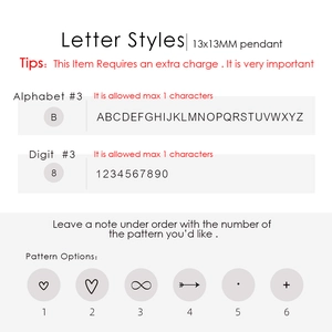 Tabella di personalizzazione dettagliata con font e simboli per il ciondolo tondo da 13mm