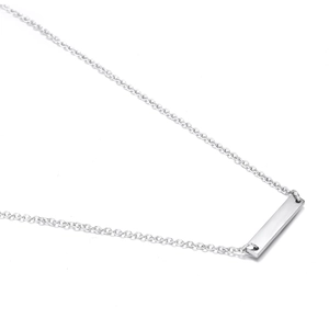 Polished silver stainless steel bar pendant with minimalist cross chain on white background