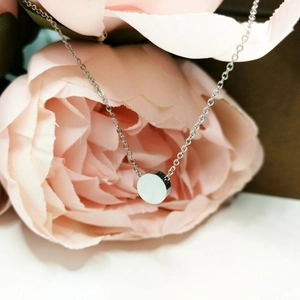 Polished silver round pendant necklace displayed on soft pink silk flowers