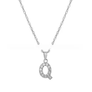 Detail of silver letter Q pendant necklace with sparkling cubic zirconia pavé stones