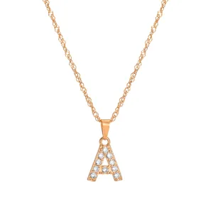 Golden letter A necklace with cubic zirconia stones on a wavy chain for women