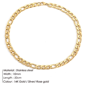 10mm wide gold Figaro chain necklace in stainless steel with lobster clasp detail