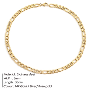 Detailed view of 8mm Figaro chain necklace in 14K gold finish stainless steel material