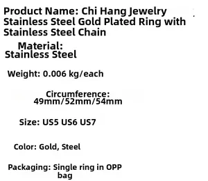 Size chart and technical specifications for gold-plated stainless steel chain rings