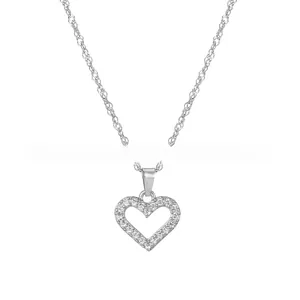 Close-up of heart-shaped pendant necklace with silver finish and cubic zirconia inlay